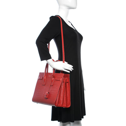 Saint Laurent Calfskin Crocodile Embossed Small Sac De Jour Eros Red 2 of 14