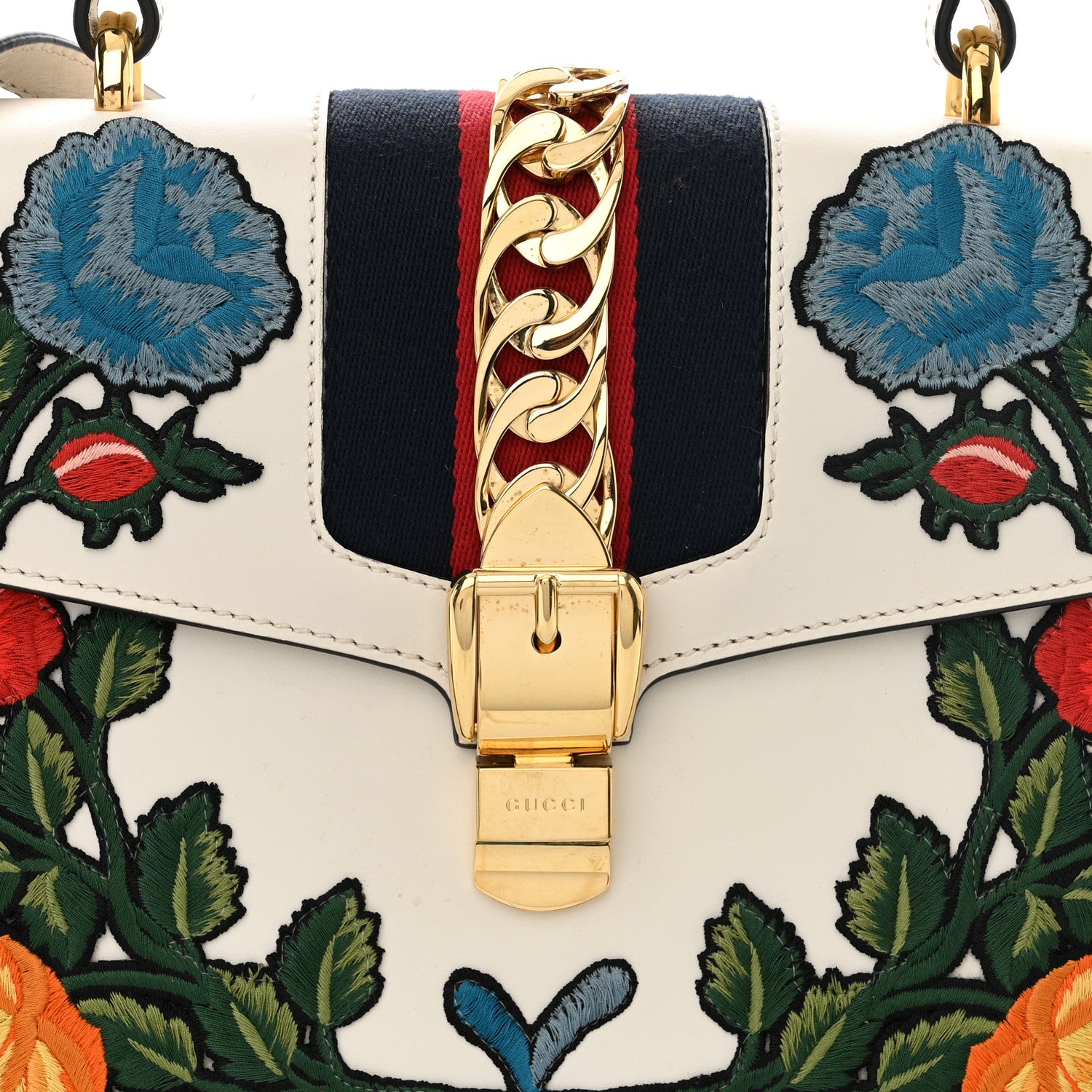 Gucci Calfskin Floral Medium Sylvie Top Handle Bag Off White 8 of 11