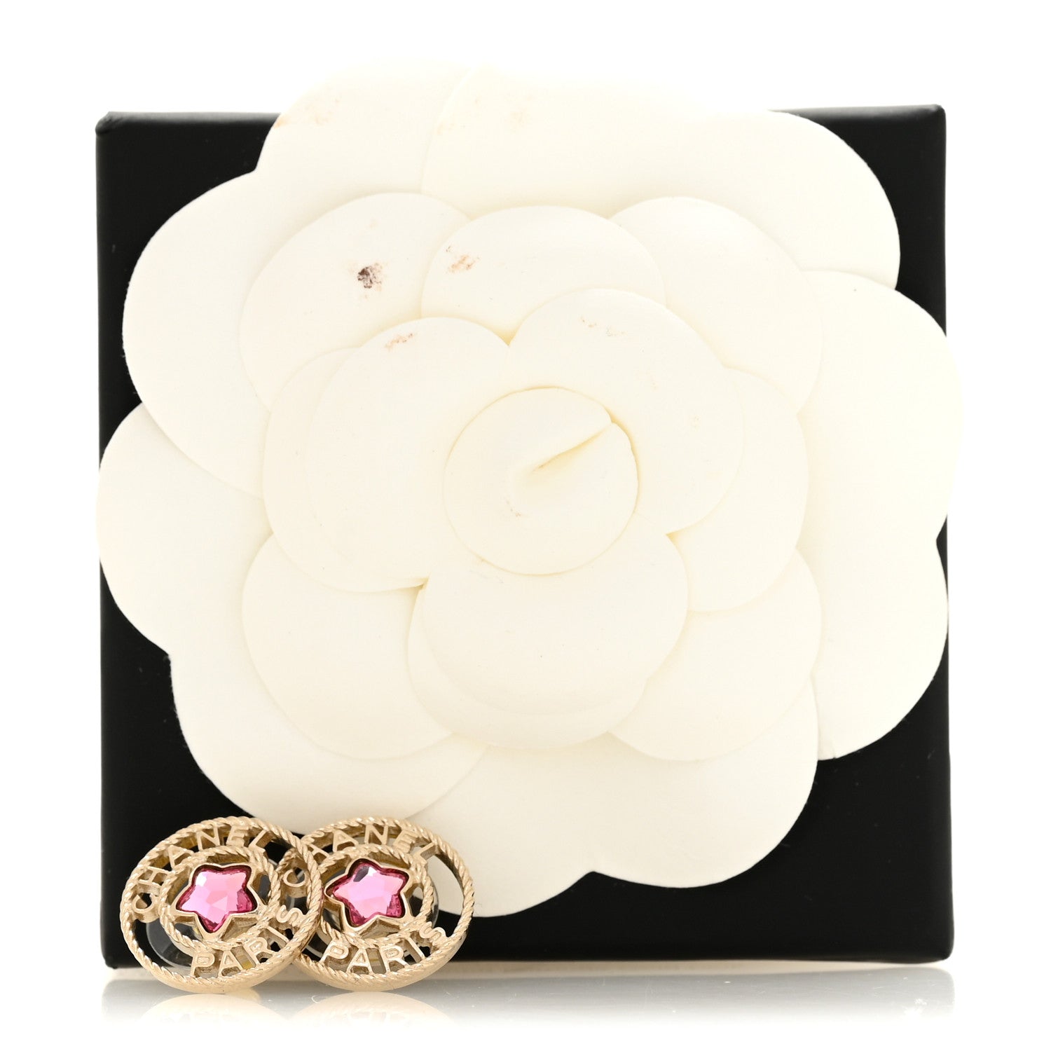 Chanel Metal Crystal CC Star Round Stud Earrings Gold Pink 5 of 5