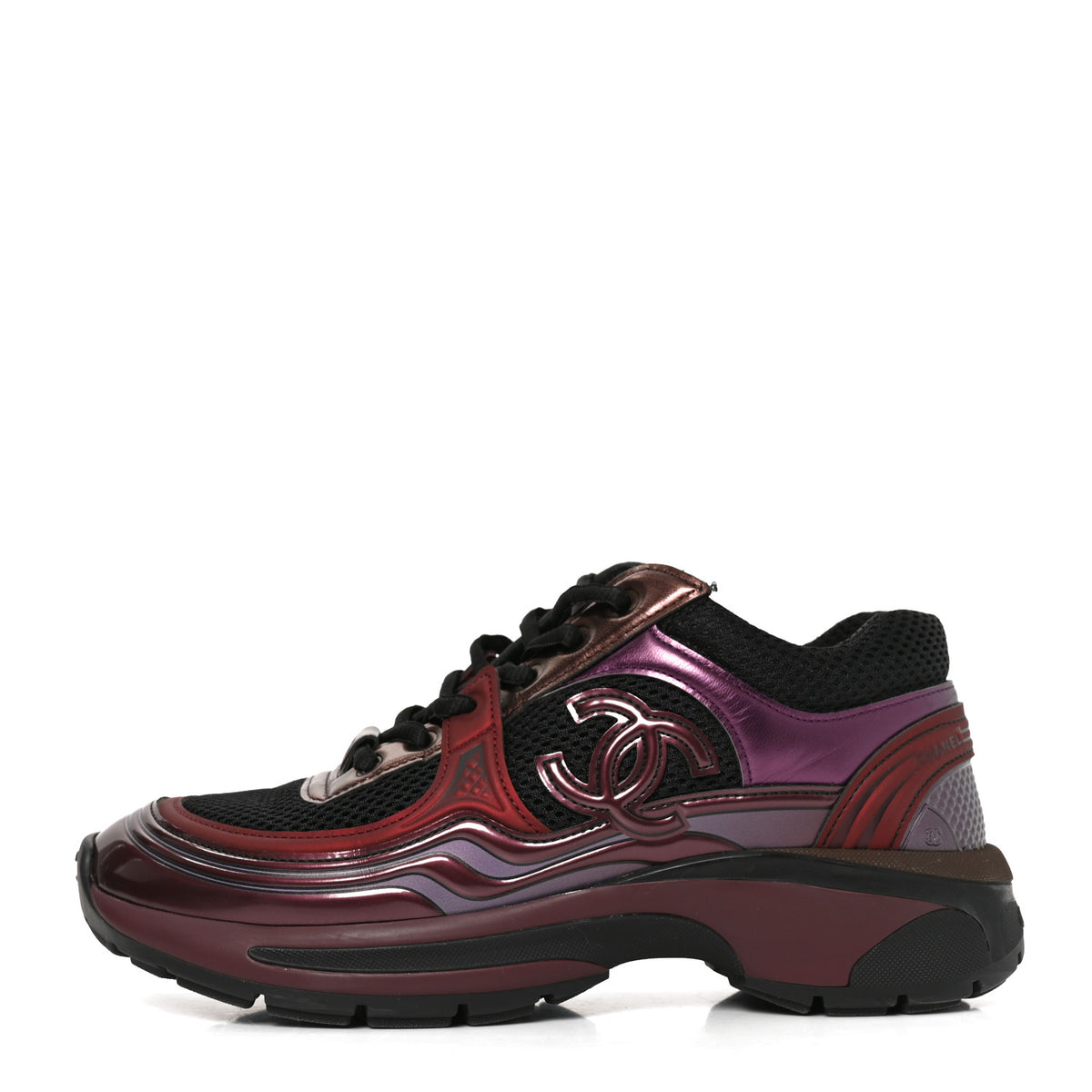 Fabric Laminated Calfskin Stretch CC Womens Sneakers 36 Black Purple Burgundy