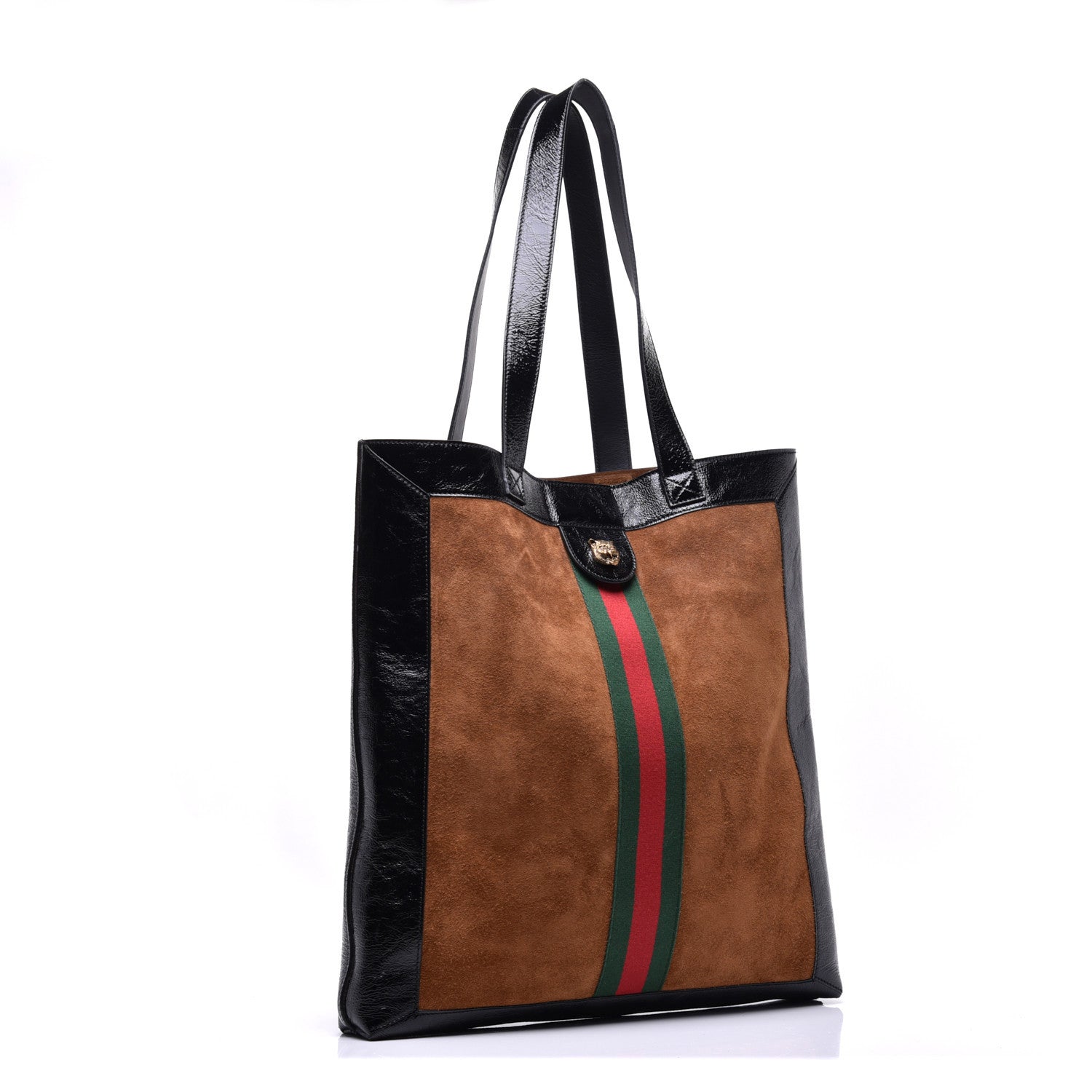 Gucci Suede Patent Web Large Ophidia Vertical Shopping Tote Nocciola Black 3 of 11