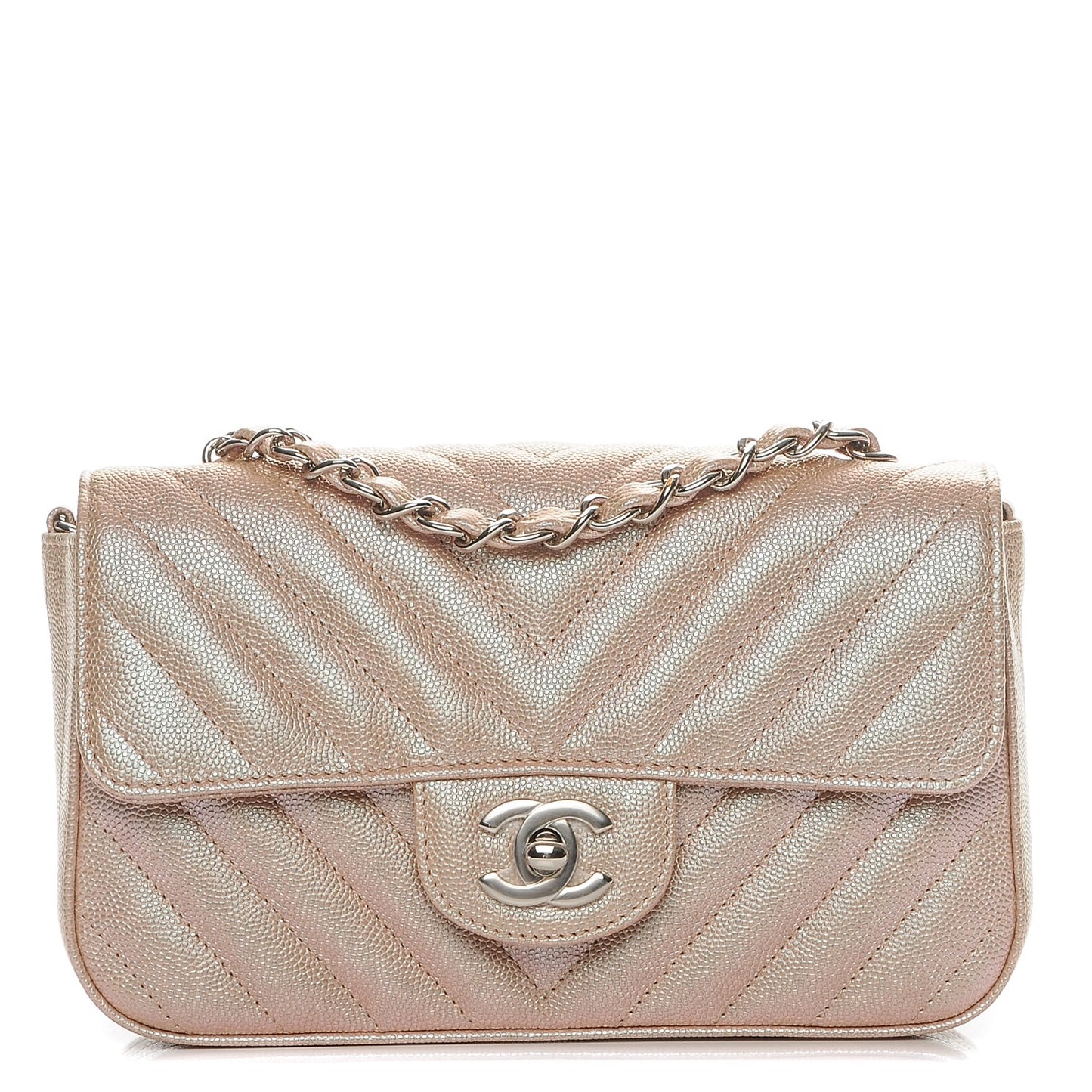Metallic Caviar Chevron Quilted Mini Rectangular Flap Rose Gold