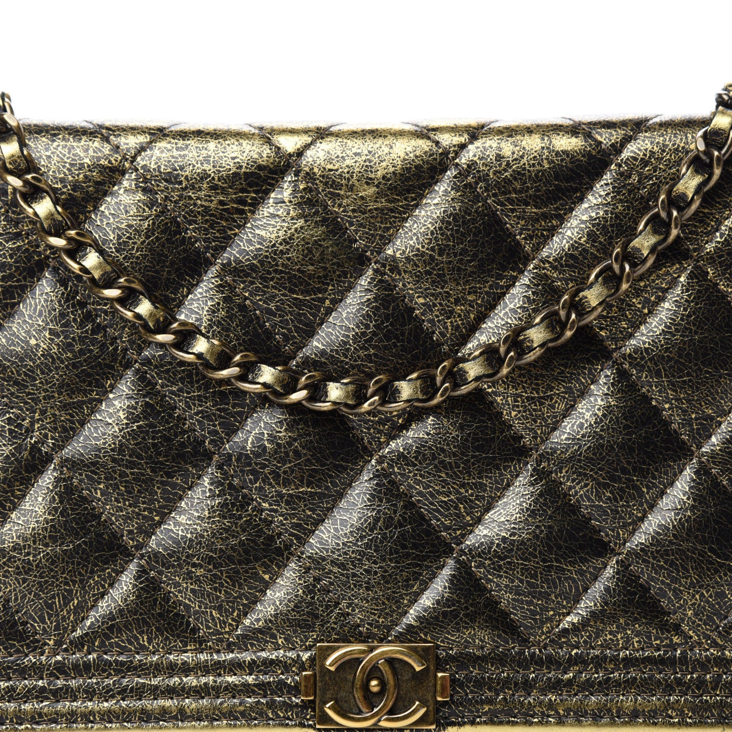 Chanel Cracked Metallic Calfskin Quilted Boy Wallet On Chain WOC Gold 14 of 15