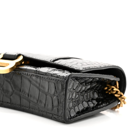 Balenciaga Shiny Calfskin Crocodile Embossed Hourglass Chain Bag Black 9 of 10