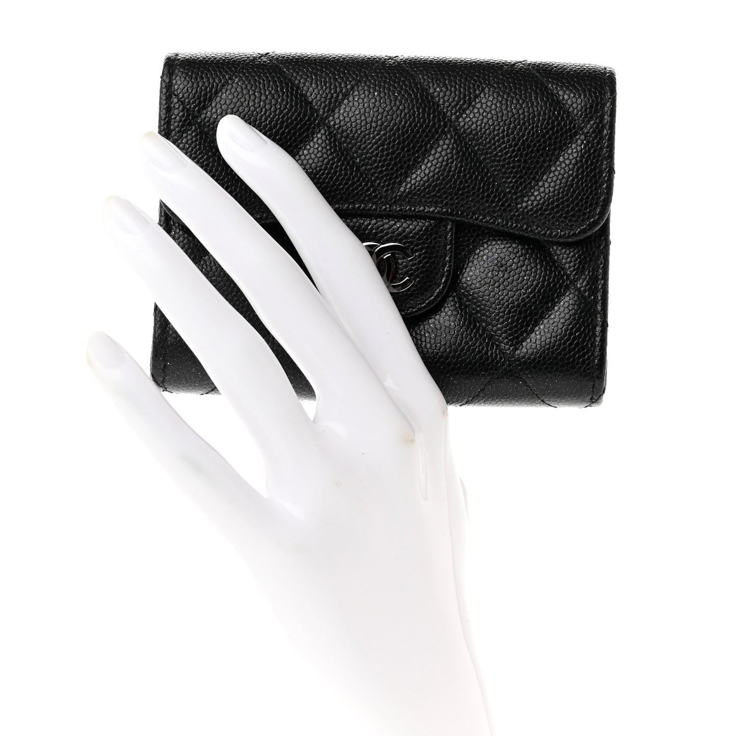 Iridescent Caviar Quilted Flap Card Holder Wallet Black
