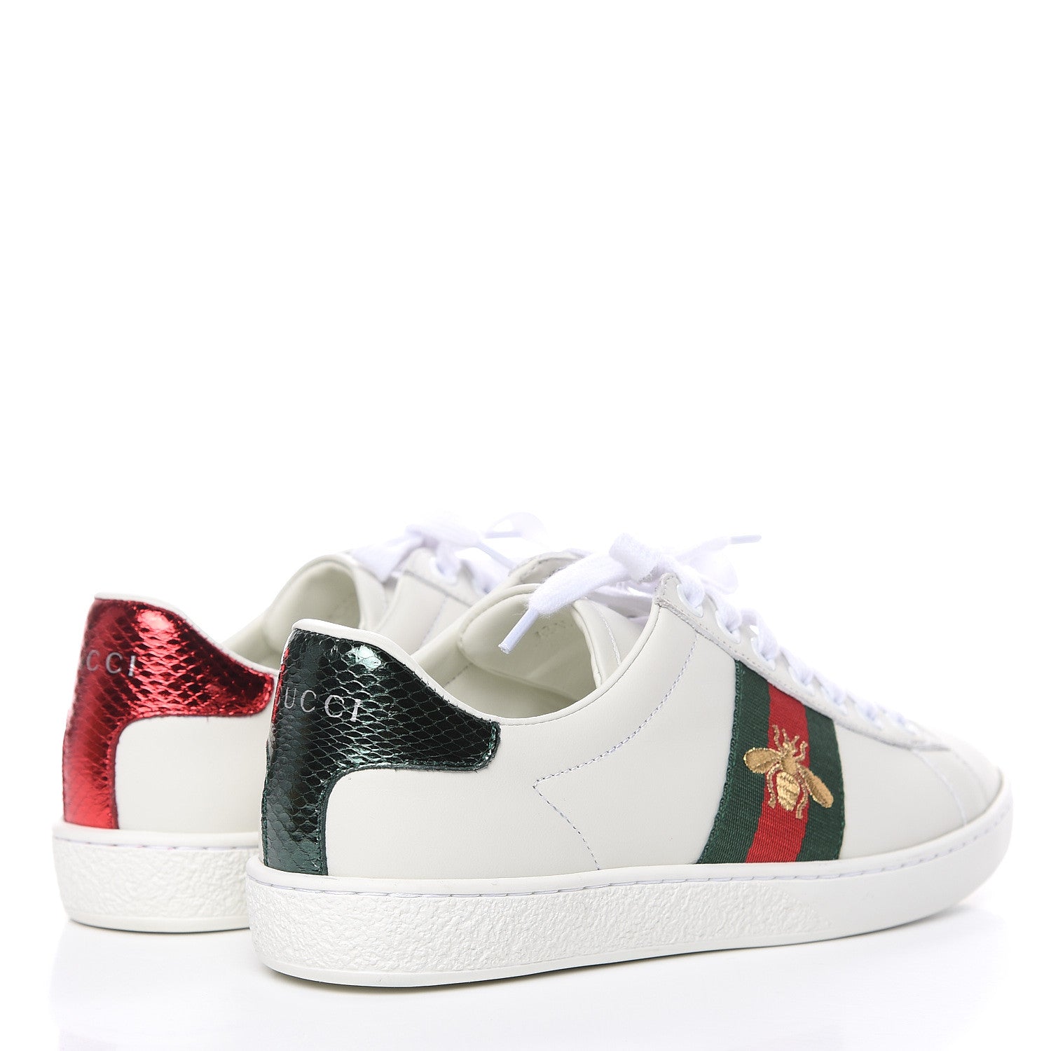Gucci Calfskin Ayers Bee Embroidered Womens Ace Sneakers 36.5 White Green 4 of 10
