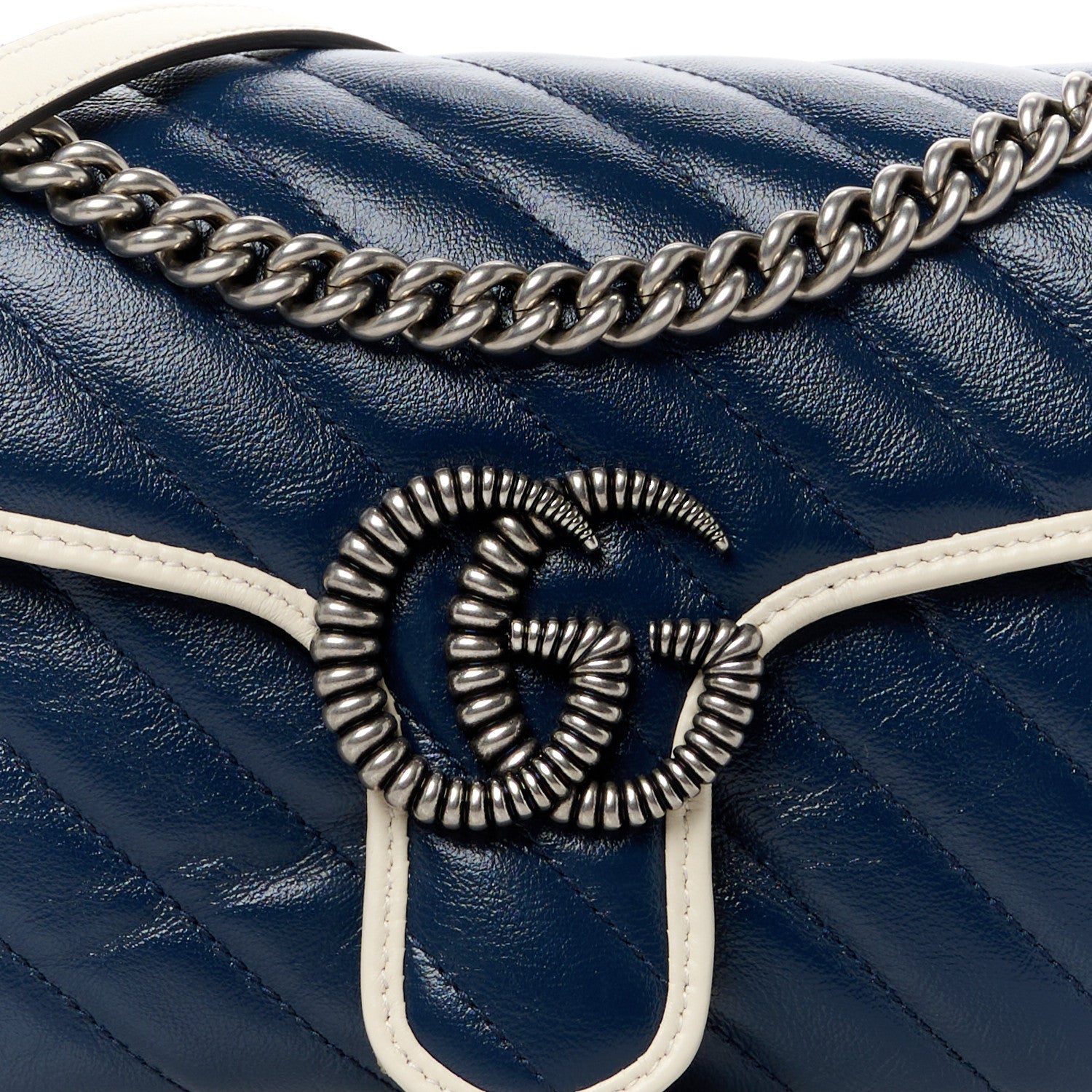 Gucci Vintage Effect Calfskin Matelasse Diagonal Small Torchon GG Marmont Shoulder Bag Blue Agata Mystic White 9 of 11