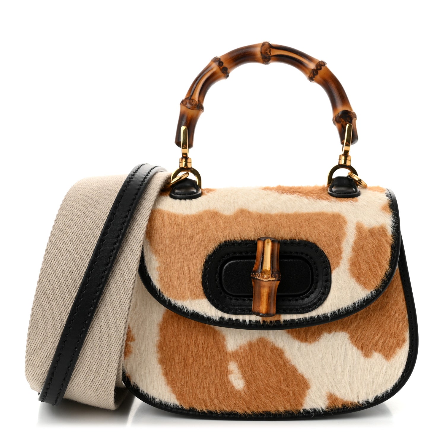 Gucci Calfskin Pony Hair Giraffe Print Mini Bamboo 1947 Top Handle Bag Beige Black Multicolor 1 of 11