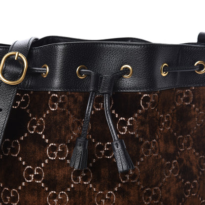 Gucci Velvet GG Monogram Textured Calfskin Web Bucket Bag Brown Black 10 of 10