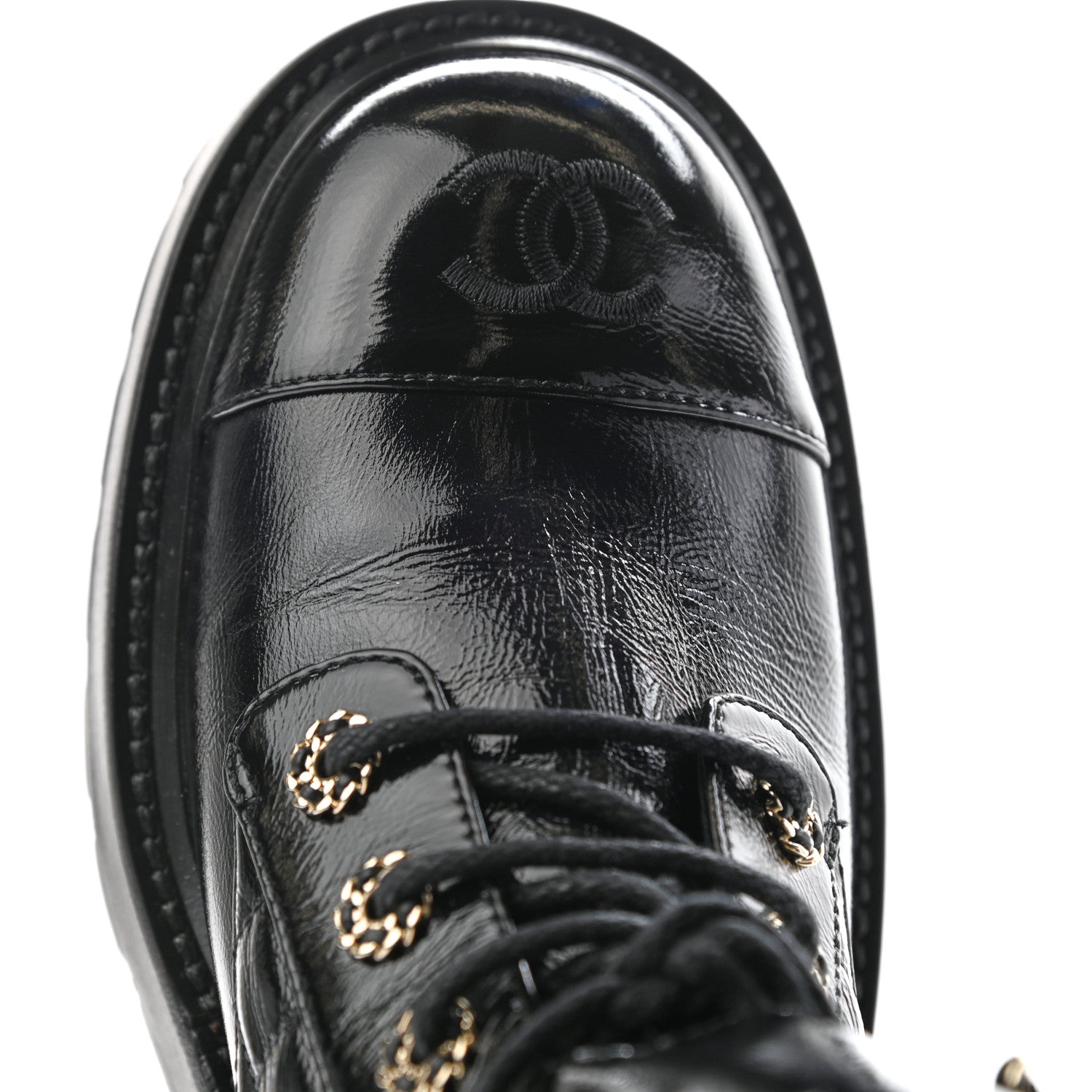 Chanel Shiny Calfskin Quilted Lace Up Combat Boots 39 Black 10 of 12