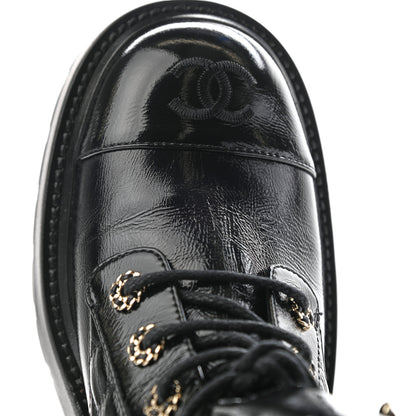 Chanel Shiny Calfskin Quilted Lace Up Combat Boots 39 Black 10 of 12
