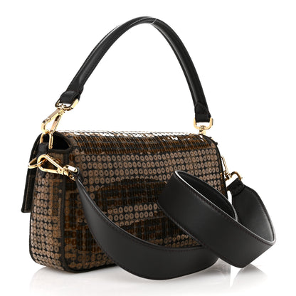 Fendi Fabric Jacquard Paillettes Vitello Seta FF 1974 Baguette Testa di Moro Real Ebano 3 of 12