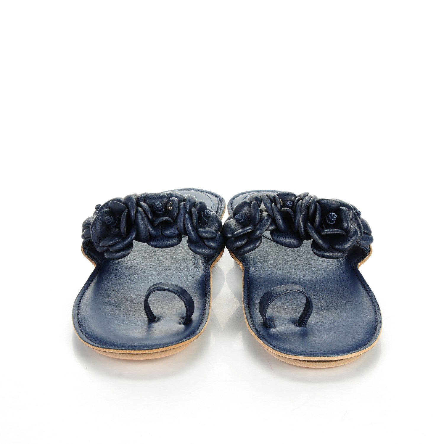 Chanel Lambskin Camellia Sandals 38 Dark Navy Blue 2 of 7