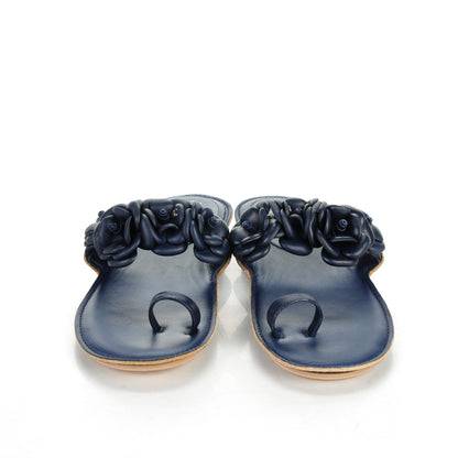 Chanel Lambskin Camellia Sandals 38 Dark Navy Blue 2 of 7