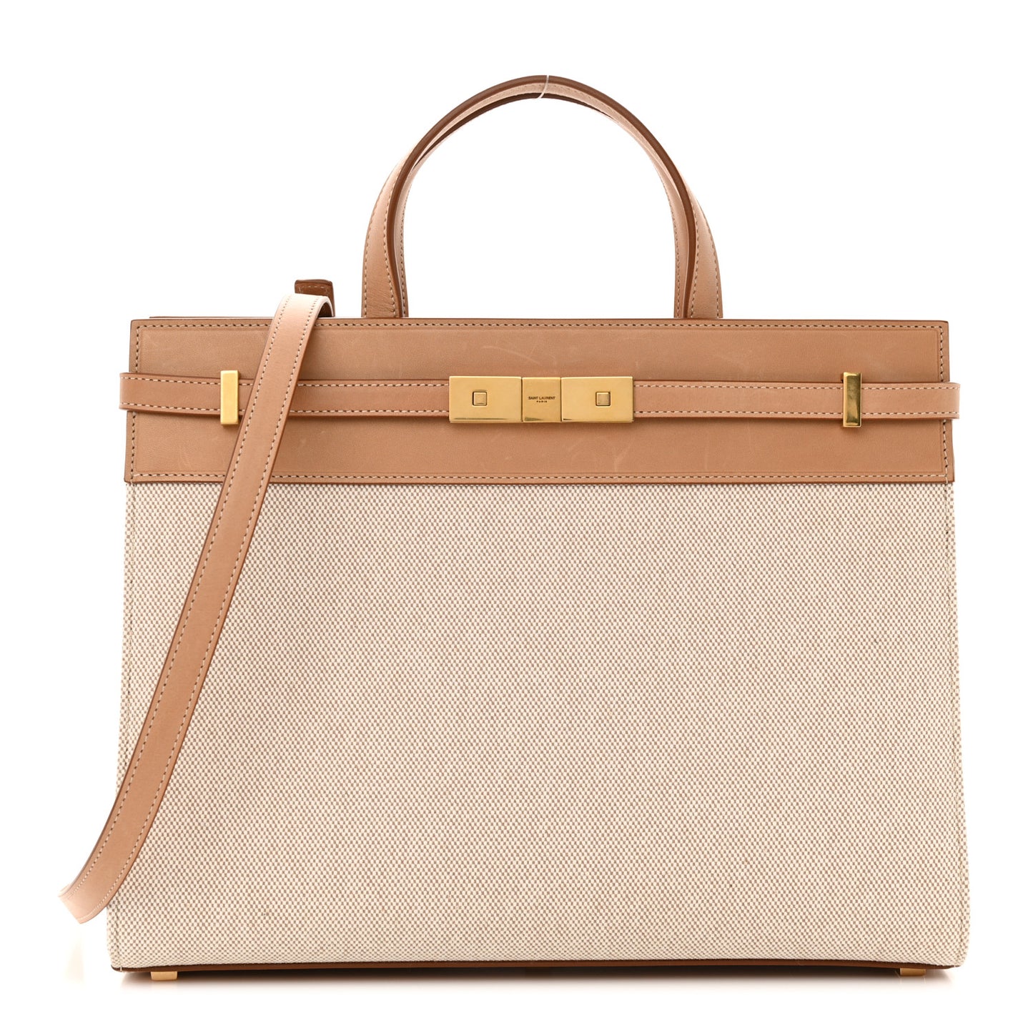 Canvas Calfskin Medium Manhattan Shopper Tote Natural Brown