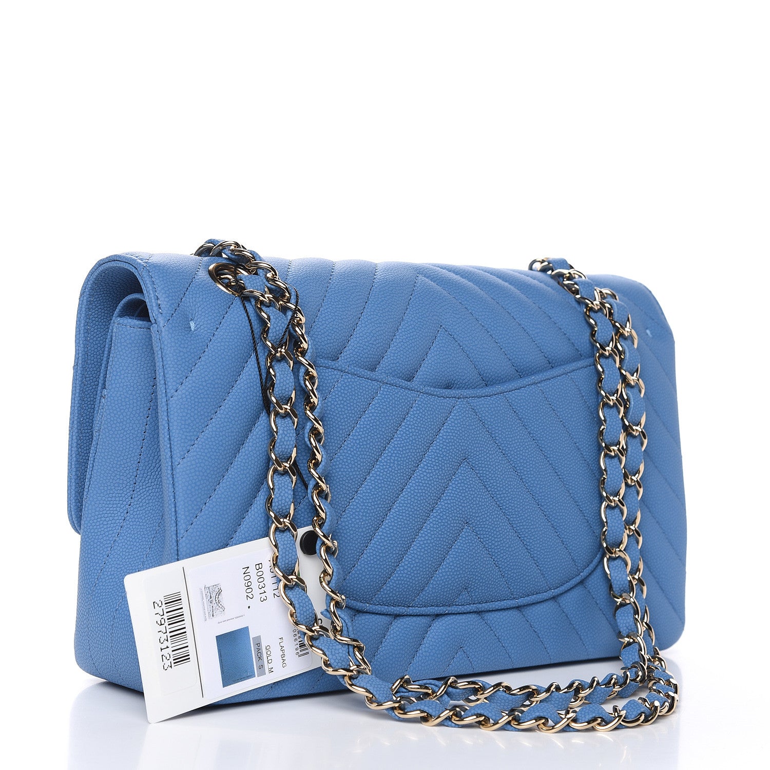 Chanel Caviar Flat Chevron Quilted Medium Double Flap Blue 3 of 10