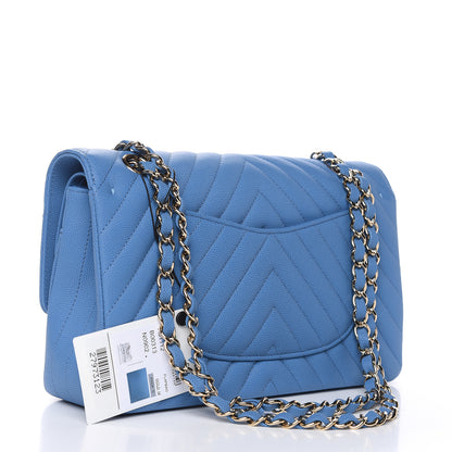 Chanel Caviar Flat Chevron Quilted Medium Double Flap Blue 3 of 10