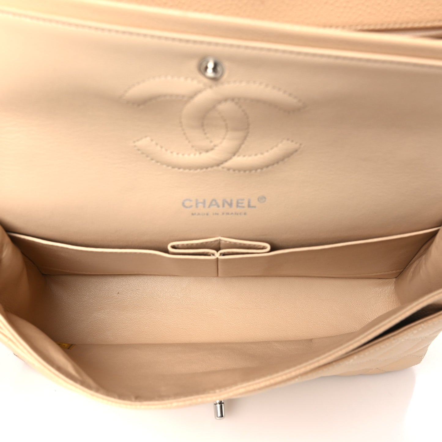 Caviar Quilted Medium Double Flap Beige