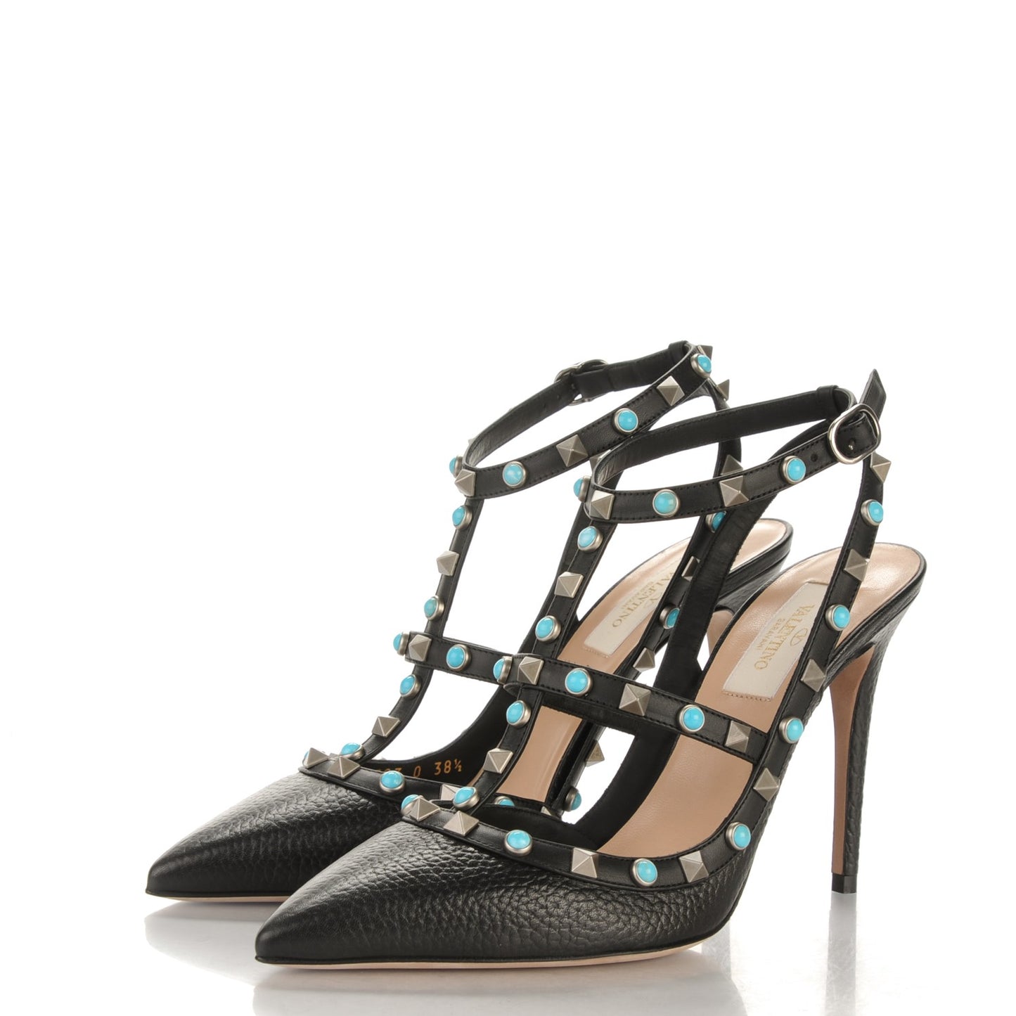 Pebbled Calfskin Turquoise Rockstud Rolling Ankle Strap 100mm Pumps 38.5 Black