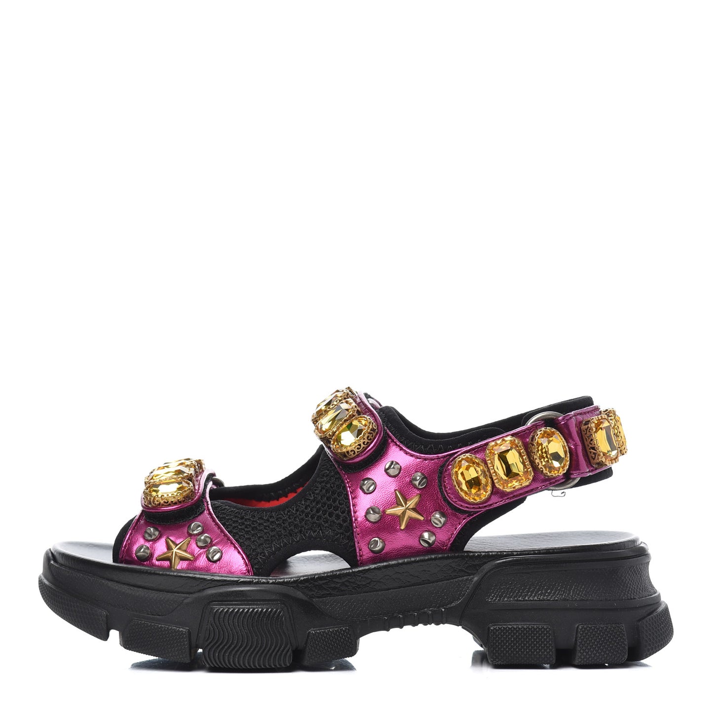Nappa Mesh Crystal Embellished Studded Womens Aguru Sandals 36 Pink Black