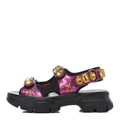 Gucci Nappa Mesh Crystal Embellished Studded Womens Aguru Sandals 36 Pink Black 1 of 9