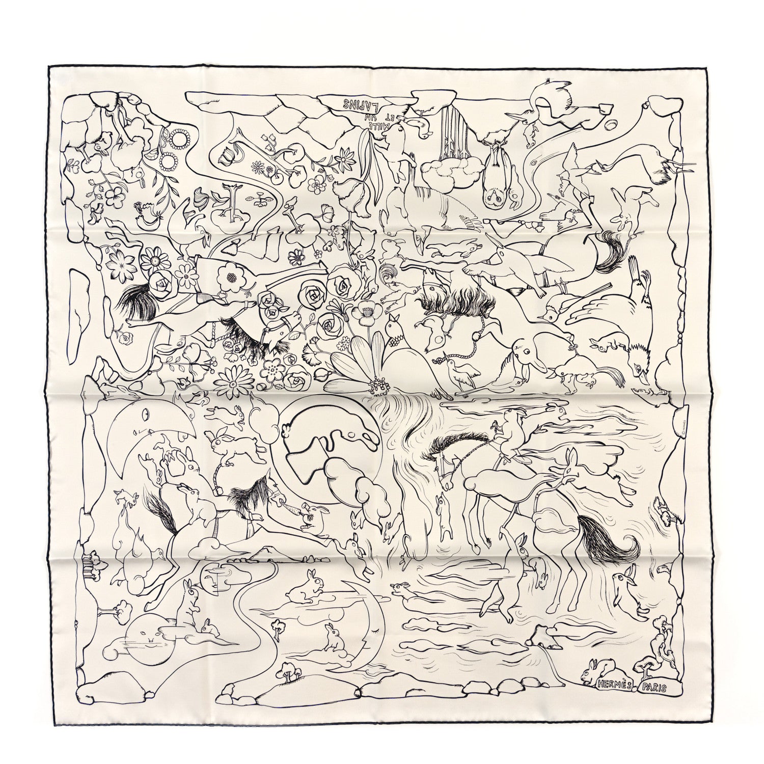 Hermes Silk Mille Et Un Lapins Scarf 90 White Black 1 of 3