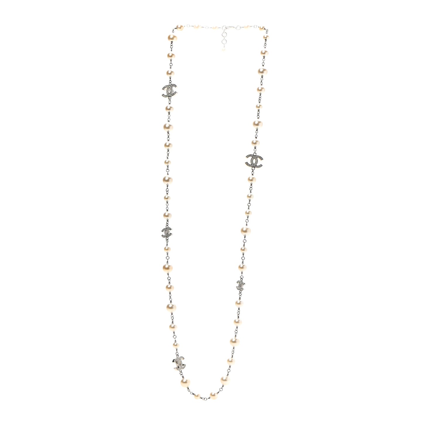 Crystal Pearl CC Long Necklace Silver