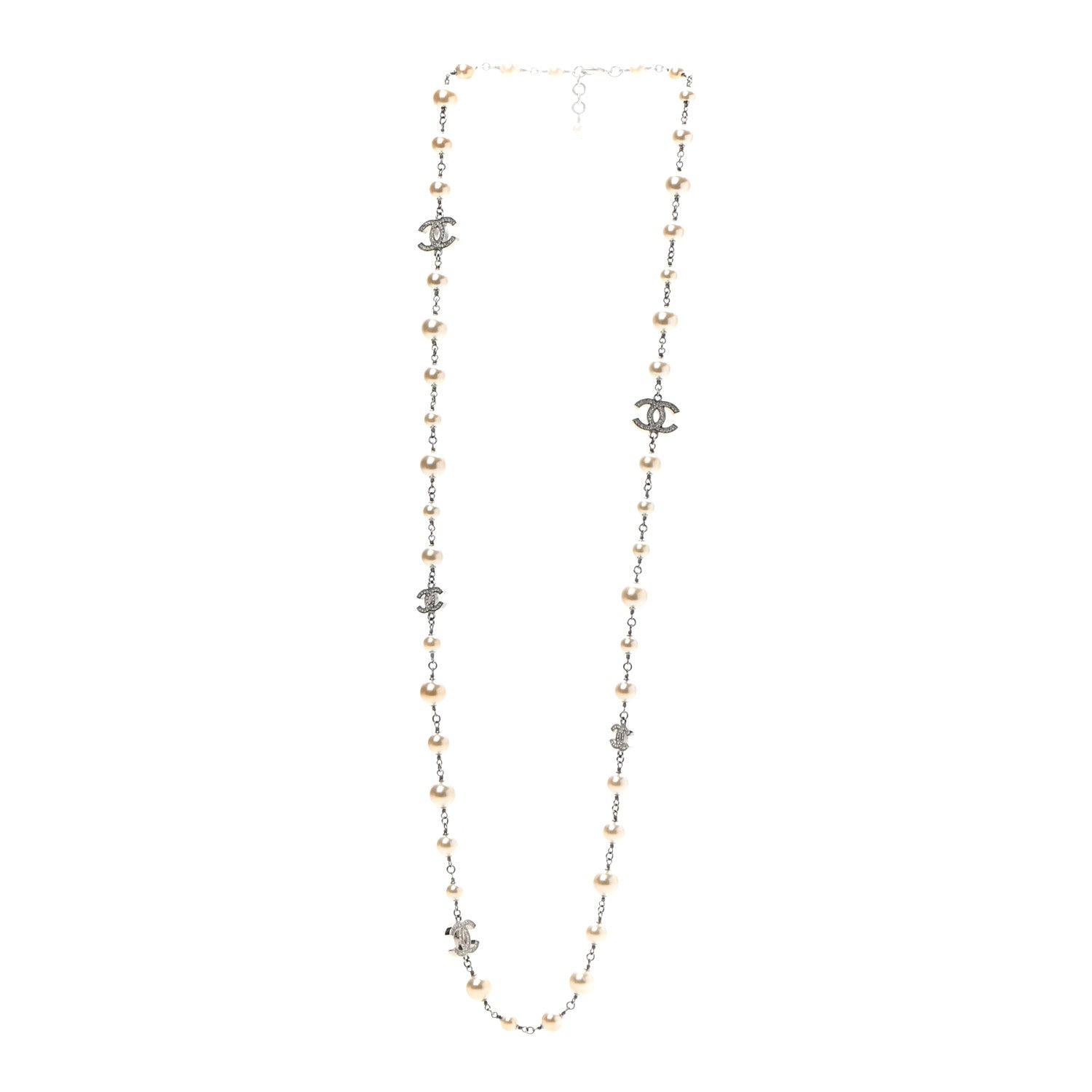 Chanel Crystal Pearl CC Long Necklace Silver 3 of 5