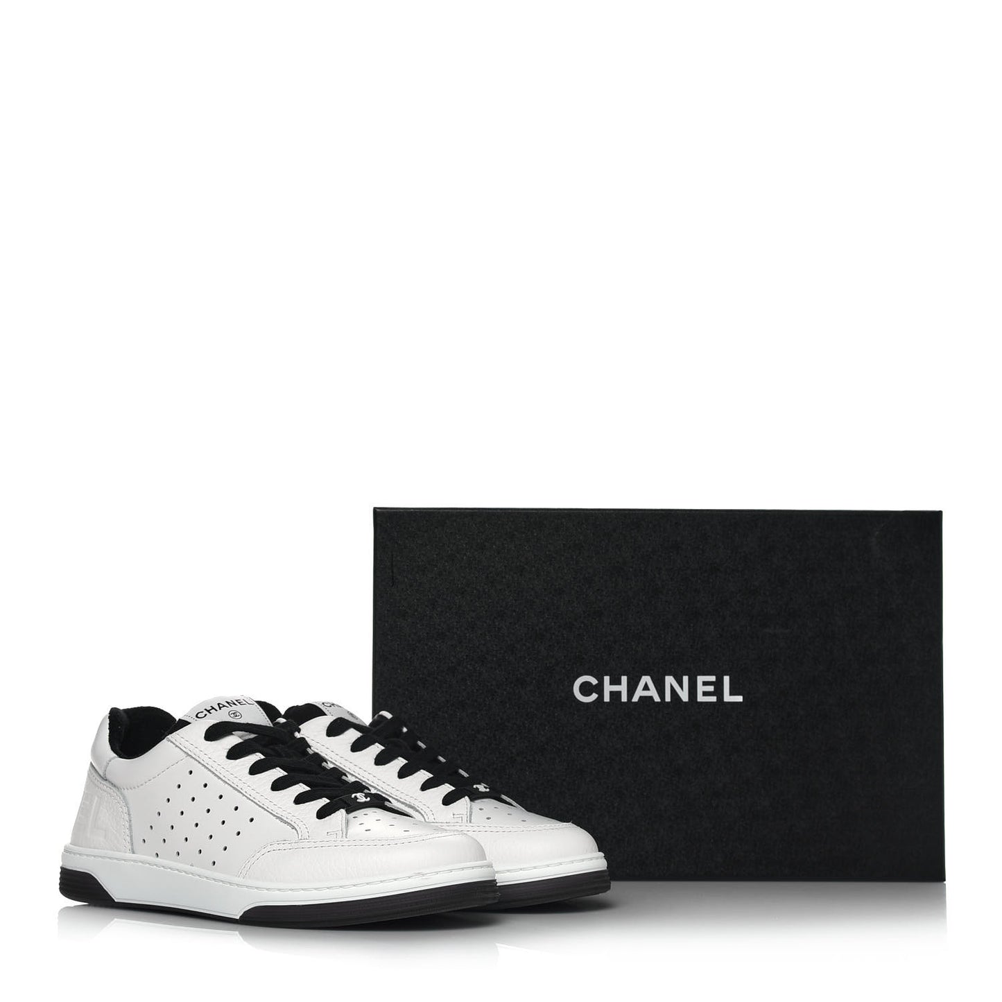Grained Calfskin Fabric Womens Logo Sneakers 38.5 White Black