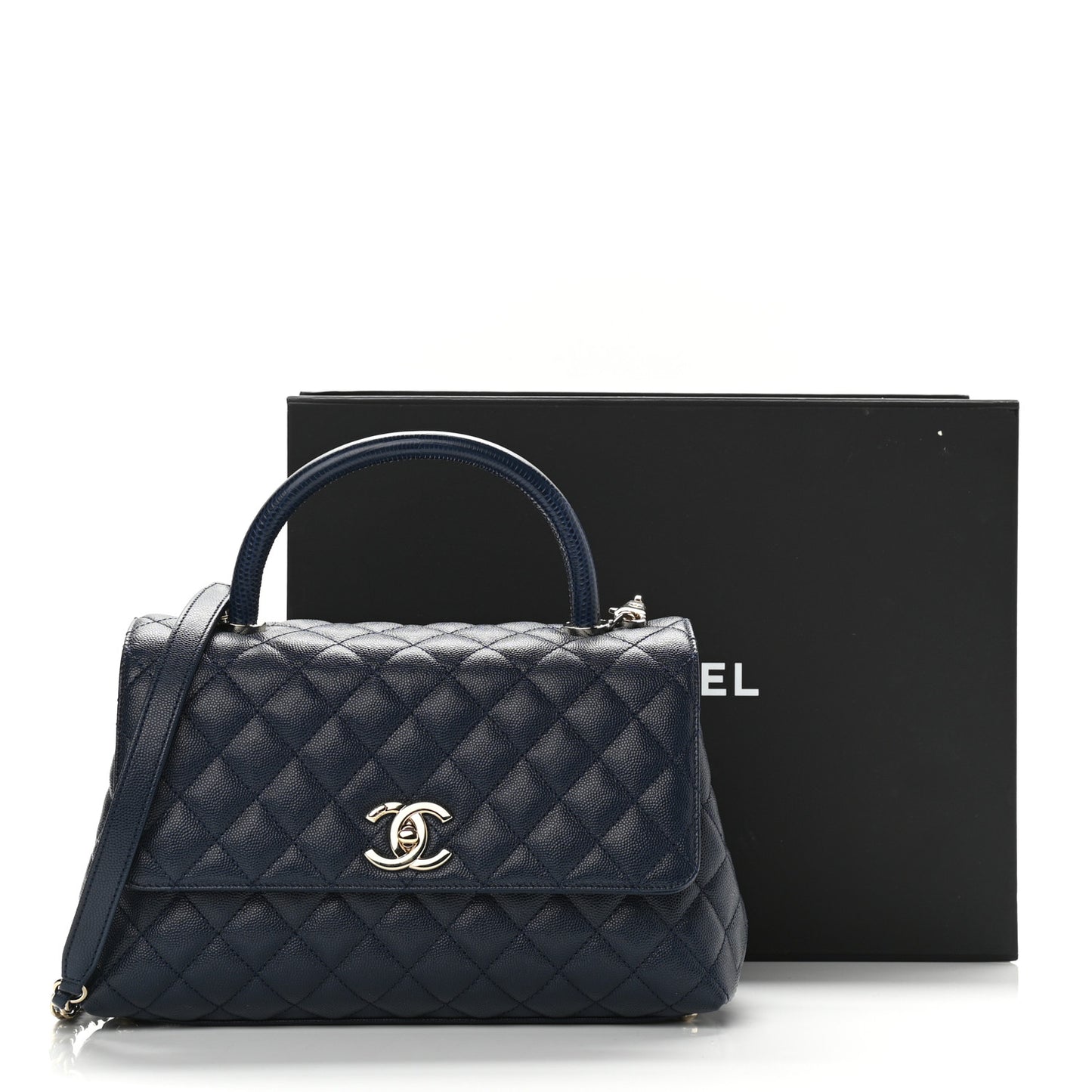 Caviar Lizard Embossed Quilted Small Coco Handle Flap Navy Blue