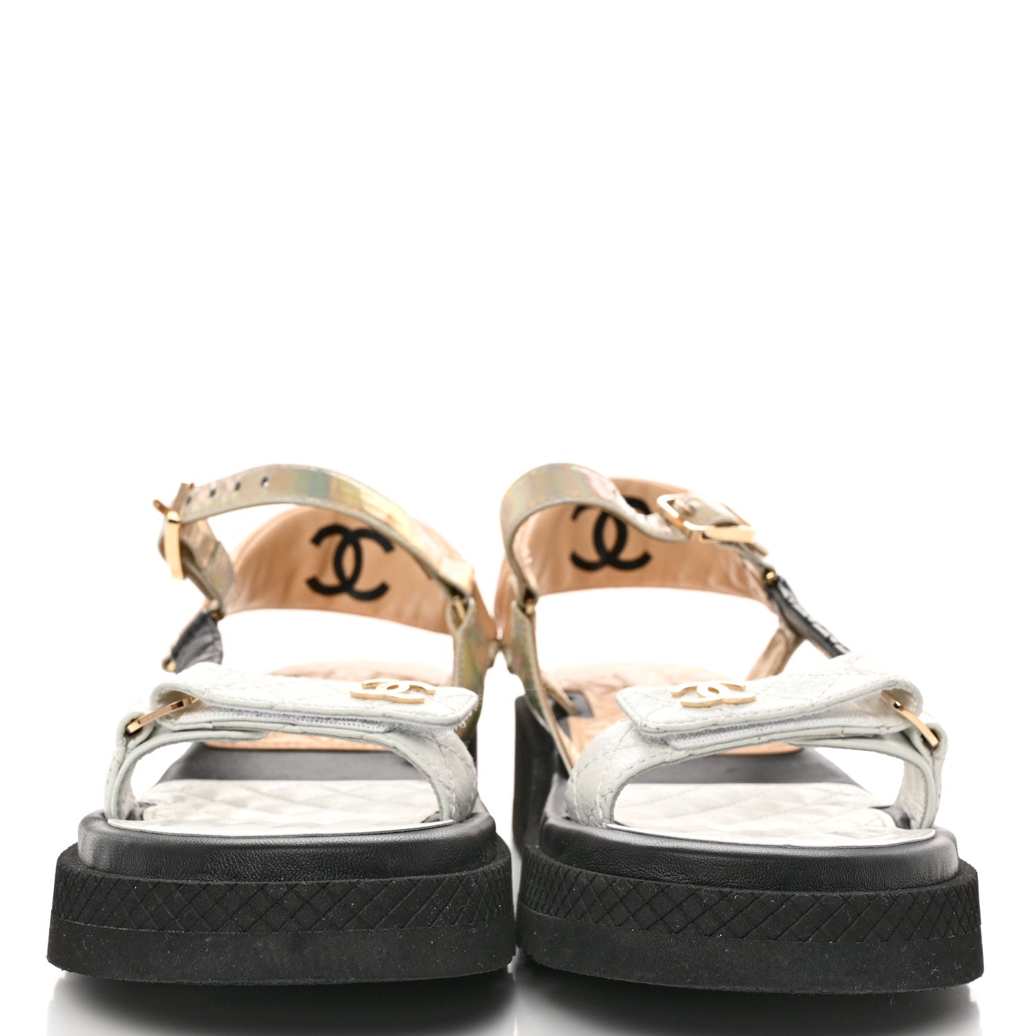 Chanel Lambskin Logo Platform Sandals 39.5 Beige Gold White 2 of 8