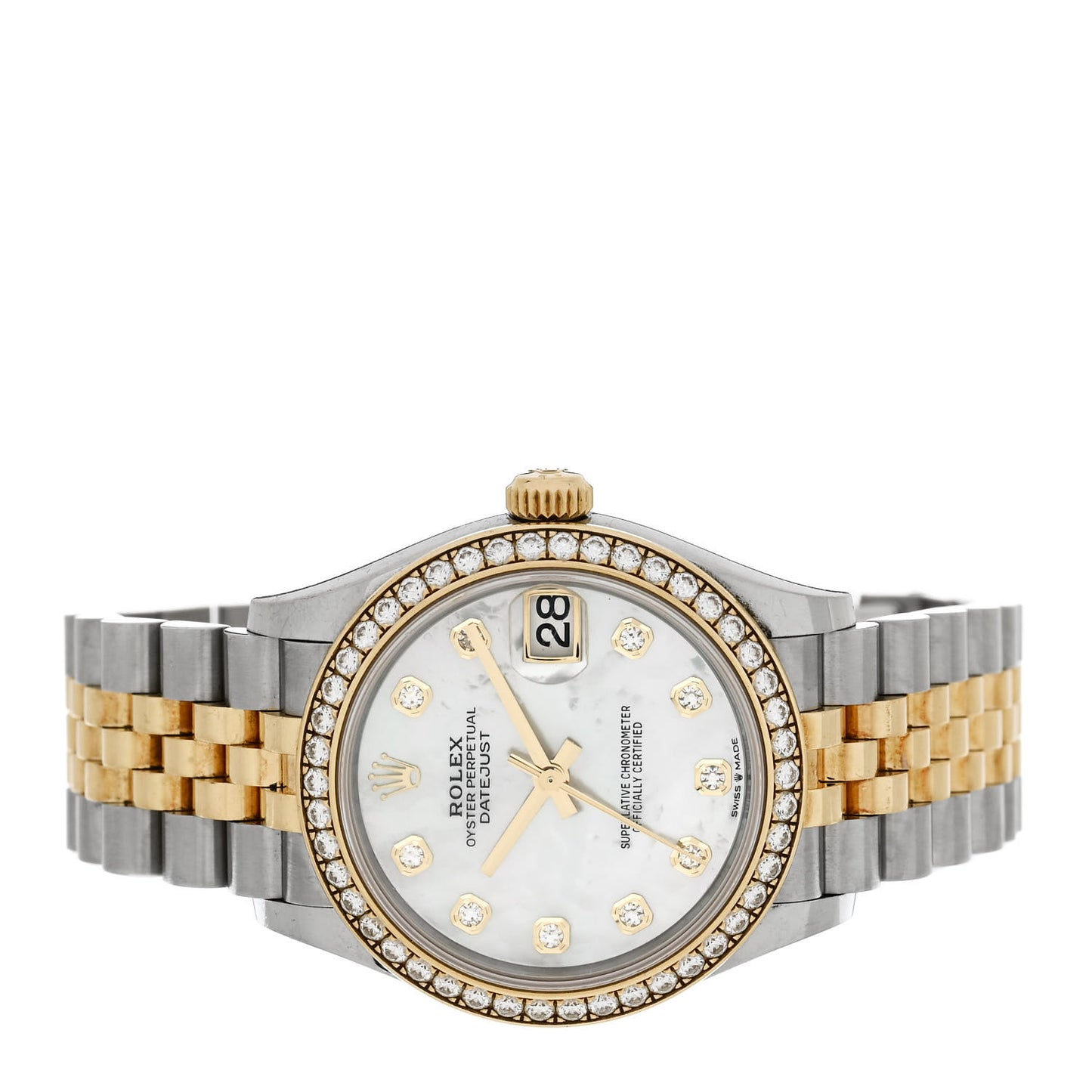 Stainless Steel 18K Yellow Gold Diamond Bezel Mother of Pearl 31mm Oyster Perpetual Datejust Watch 278383RBR