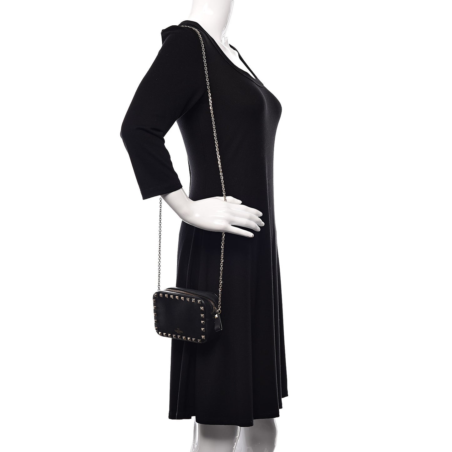 Calfskin Small Rockstud Chain Camera Crossbody Bag Black