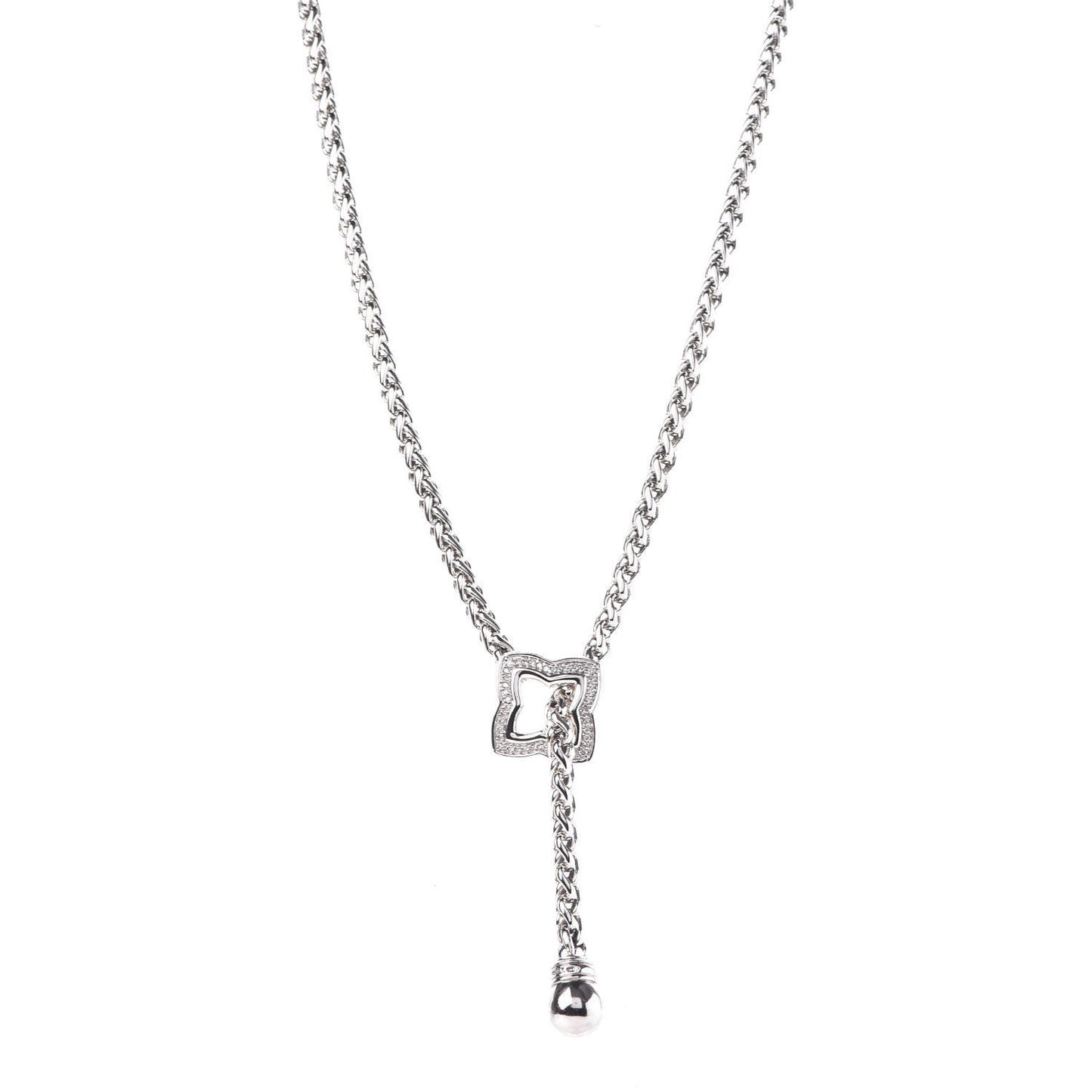 Sterling Silver Diamond Quatrefoil Lariat Wheat Chain Necklace