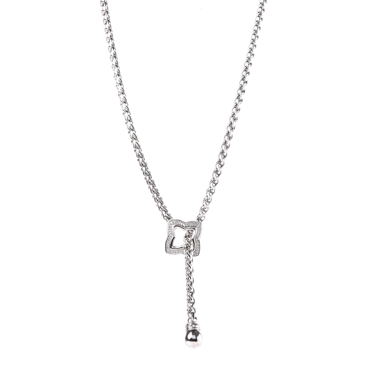 David Yurman Sterling Silver Diamond Quatrefoil Lariat Wheat Chain Necklace 1 of 7
