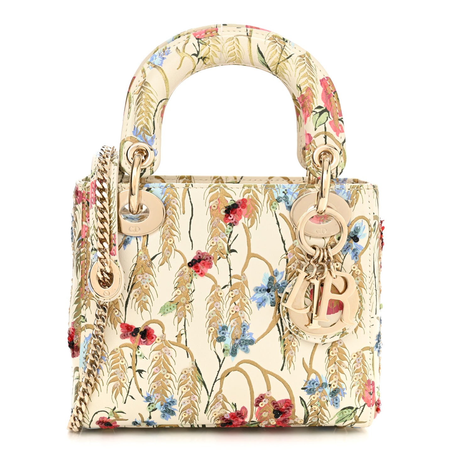 Calfskin Hibiscus Printed Embroidered Mini Lady Dior Beige Multicolor