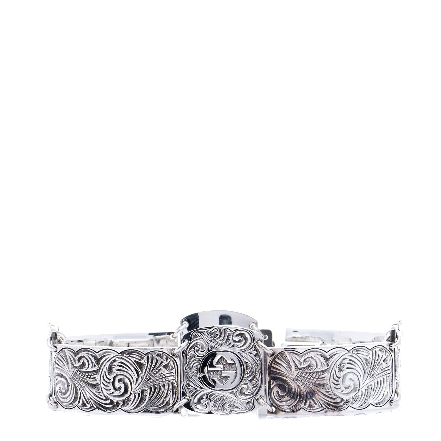Gucci Sterling Silver Garden Engraved Interlocking GG Logo Bracelet 1 of 5