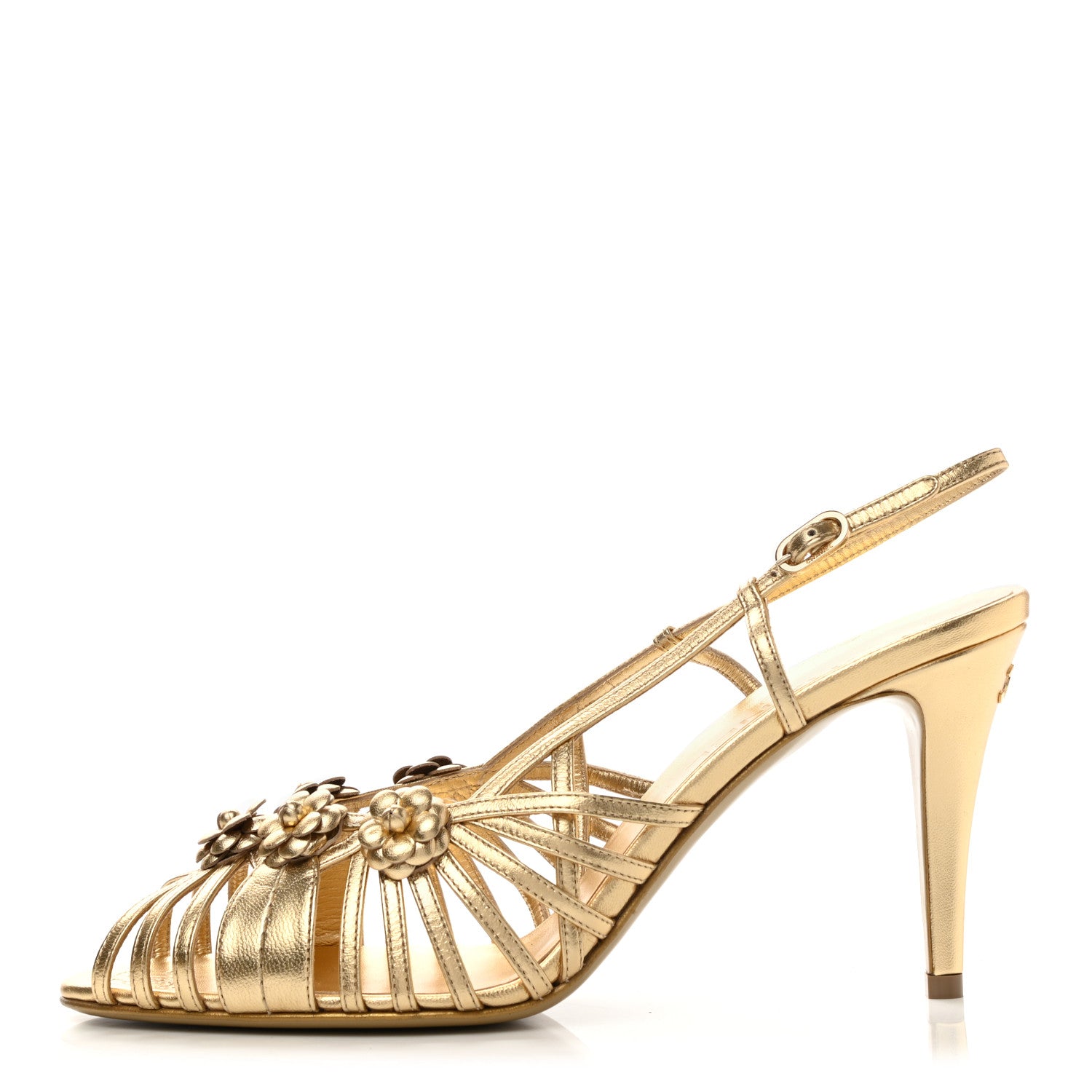 Chanel Laminated Lambskin Camellia Sandals 41 Gold 1 of 9