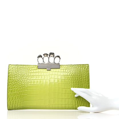 Alexander McQueen Calfskin Crocodile Embossed Knuckle Flat Clutch Lichen 2 of 9