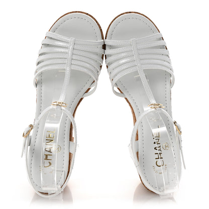 Chanel Patent Cork CC Ankle Strap Platform Sandals 38 White 2 of 10
