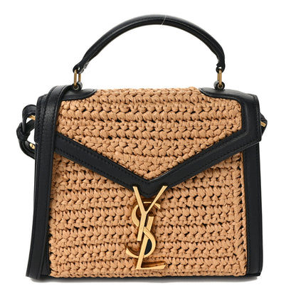 Saint Laurent Raffia Calfskin Mini Classic Monogram Cassandra Top Handle Black Natural 1 of 9