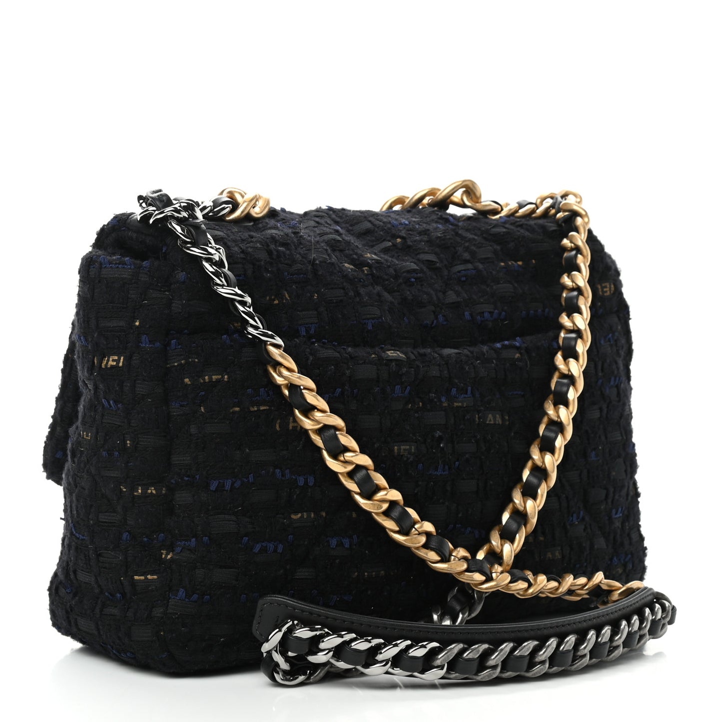 Tweed Quilted Large Chanel 19 Flap Black Navy Gold