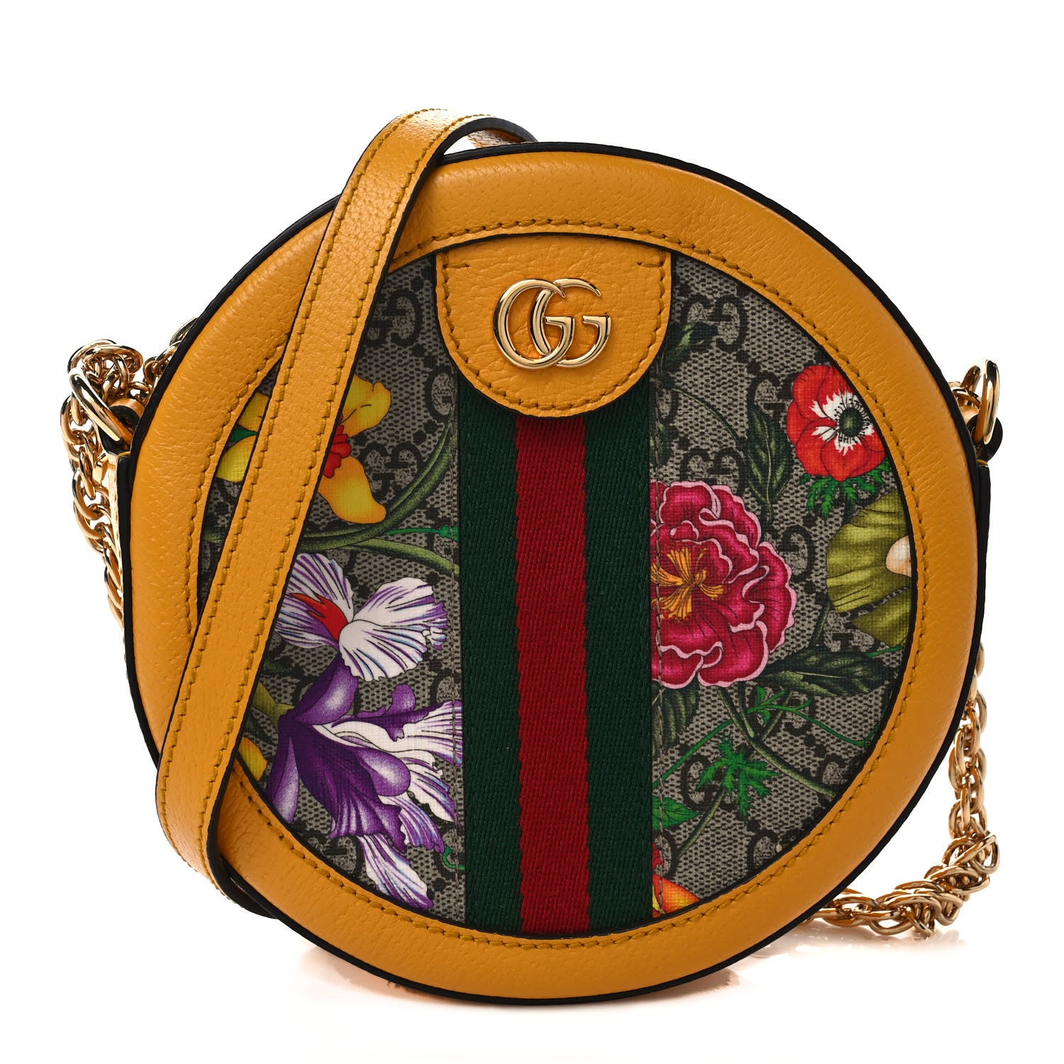 Gucci GG Supreme Monogram Flora Web Mini Ophidia Round Shoulder Bag Beige Multicolor Crop 1 of 9