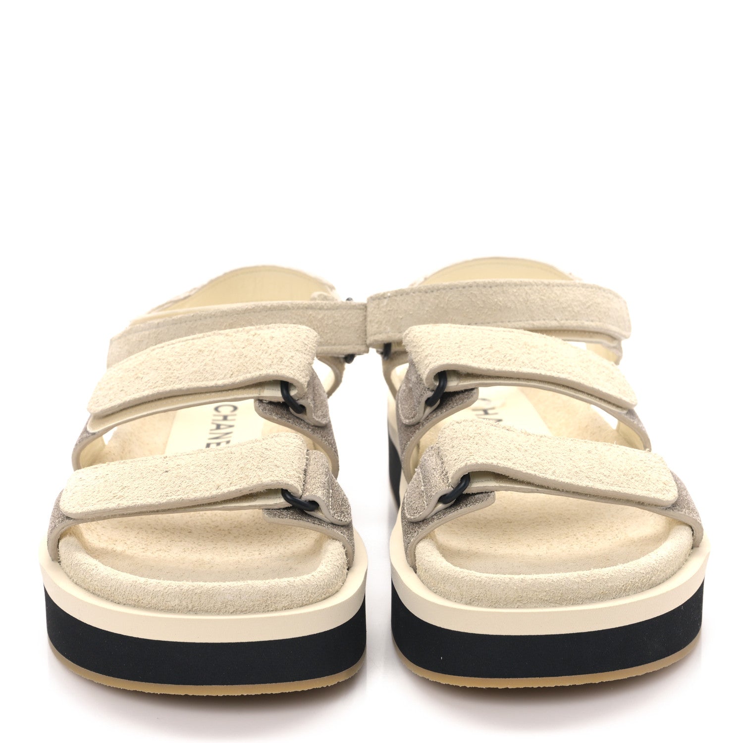 Chanel Suede Calfskin Velcro Flat Sandals 40 Ecru Dark Beige 2 of 9