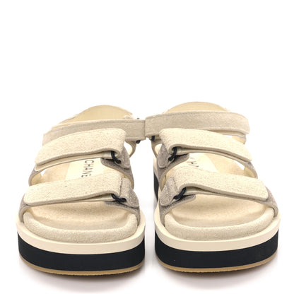 Chanel Suede Calfskin Velcro Flat Sandals 40 Ecru Dark Beige 2 of 9