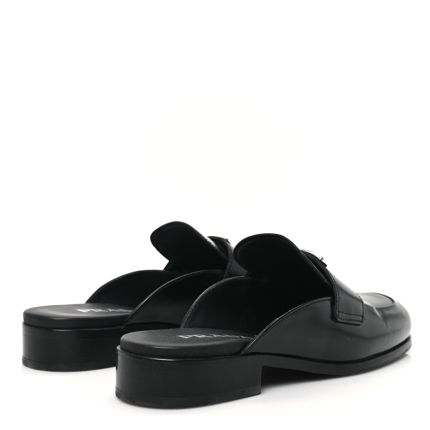 Prada City Calfskin Metal Triangle Logo 20mm Flat Mules 37 Black 5 of 9