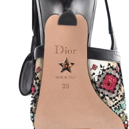 Christian Dior Embroidered Calfskin Beaded Sweet D Sling-Back Pumps 39 Black Turquoise 7 of 12