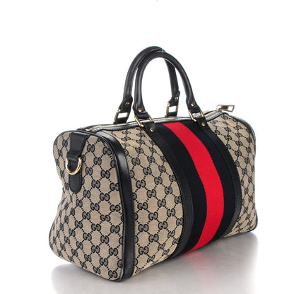 Gucci Monogram Selleria Calfskin Vintage Web Medium Boston Beige Blue 3 of 7