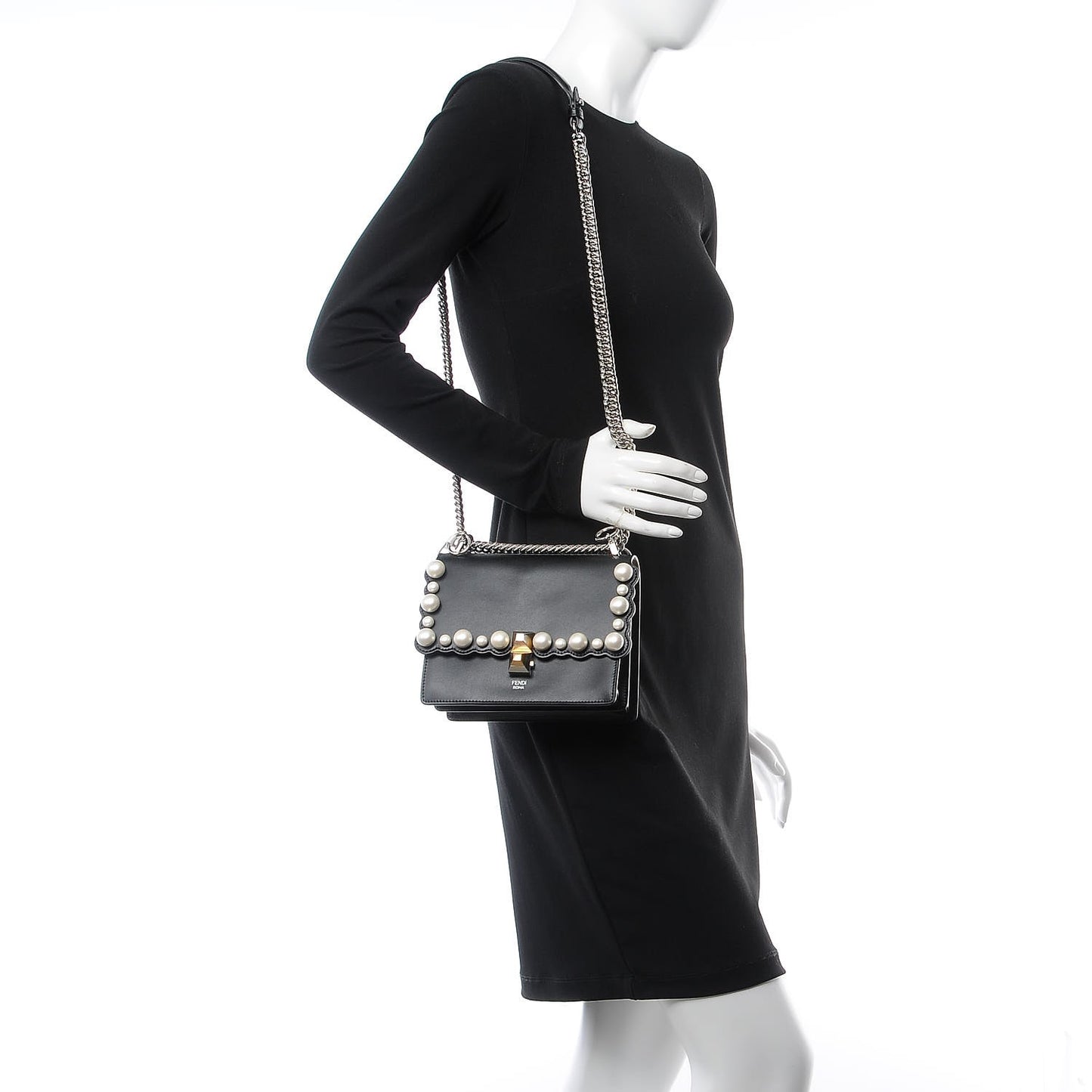 Vitello Liberty Pearl Scalloped Studded Small Kan I Shoulder Bag Black