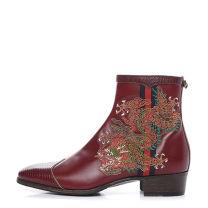 Gucci Calfskin Malaga Kid Lizard Web Dragon Embroidered Ankle Boots 38.5 Burgundy 1 of 10